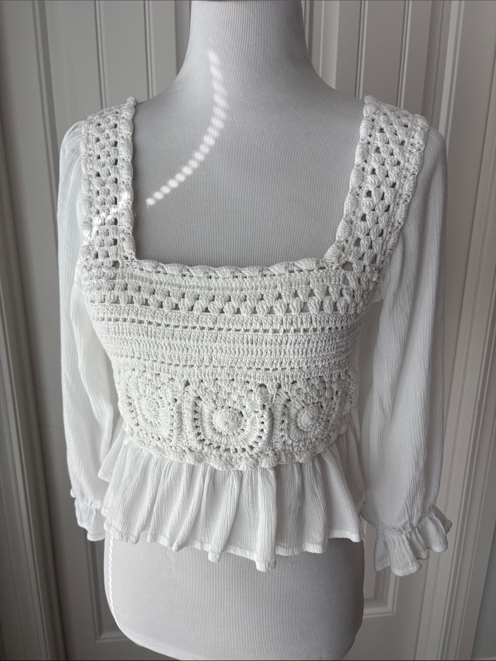 White Crochet Square-Neck Peplum Blouse